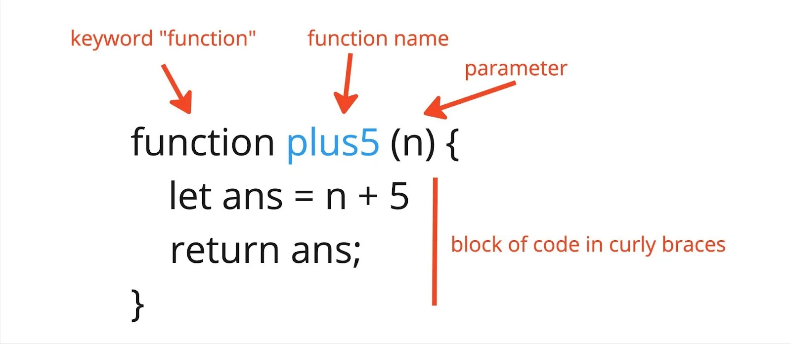 The syntax for function declaration that returns the value “ans” with labeled arrows pointing to its various parts. An arrow labeled “keyword ‘function’” points to the word “function”; an arrow labeled “function name” points to “plus5”; an arrow labeled “parameter” points to the letter “n” within parentheses; the body of the function is labeled “block of code in curly braces” with the code “let ans = n + 5” and “return ans;” on separate lines.
