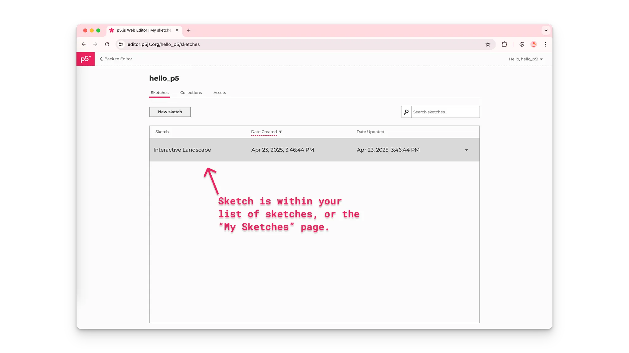 A user on the p5.js Web Editor finds their project "Interactive Landscape" in their gallery of saved sketches.
