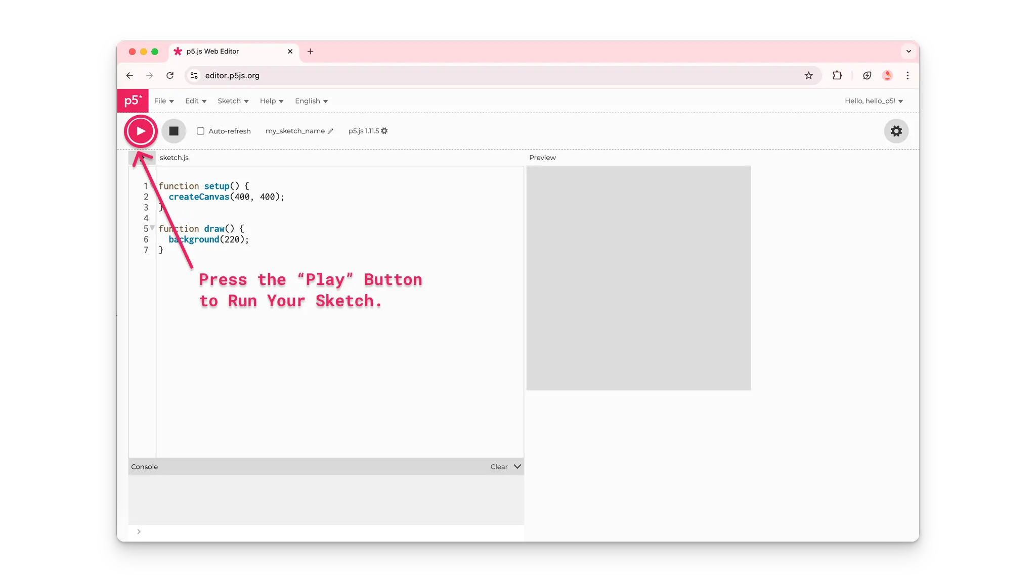 A blank canvas appears in the preview window of the p5.js Web Editor when a user clicks on the “Play” button in the top right corner.