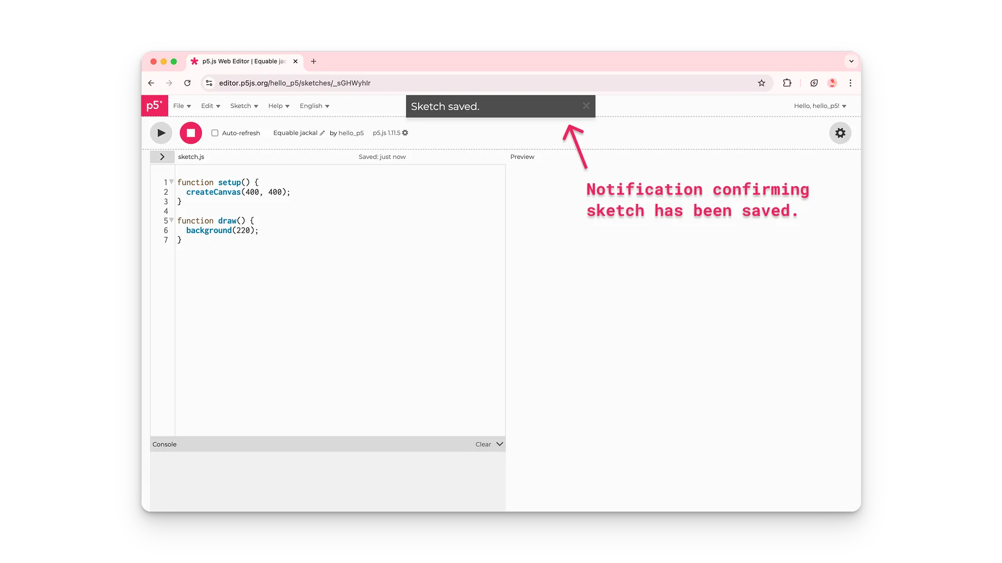 An arrow pointing to a notification box with the text “Sketch saved.”