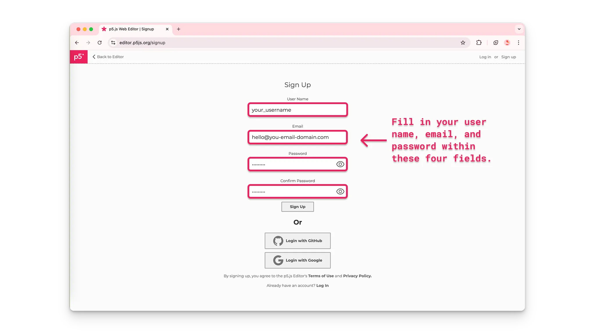 An arrow pointing to the highlighted fields on the Sign Up page, as described above.